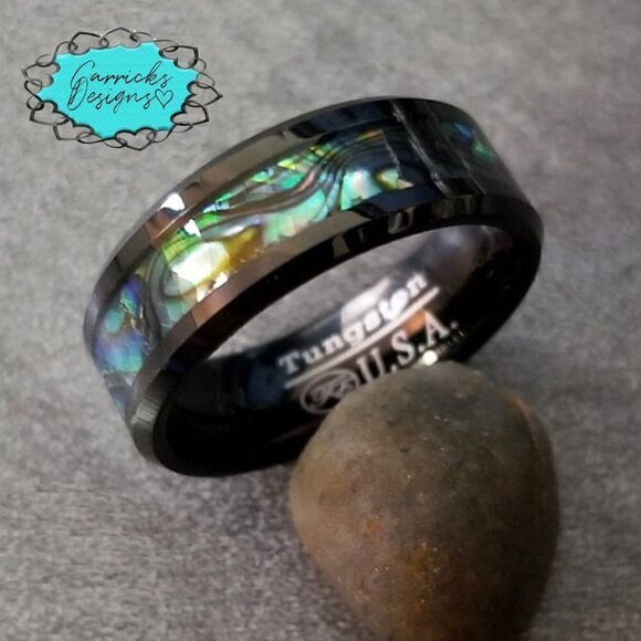 Men's Real Black Tungsten Promise Ring With Abalone Shell Inlay - Picture 11 of 11